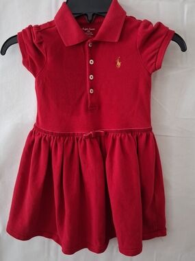 Ralph Lauren Girls Red Pique Polo Dress Velvet Trim Gold Pony 24M
